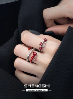 韩版ins原创小众设计个性玫瑰花珐琅高级感开口戒指女不掉色