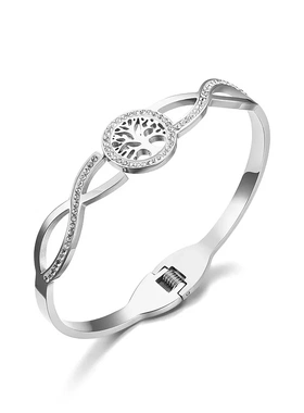 欧美时尚 生命树钛钢镶钻手镯 韩版流行百搭发财树玫瑰金手环饰品