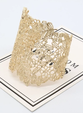 欧美时尚潮流复古夸张树叶镀金缕空女士宽口蕾丝花边手镯