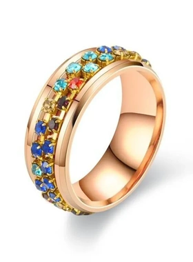 跨境欧美新款不锈钢满天星钻链转动戒指时尚饰品不掉色旋转戒指环