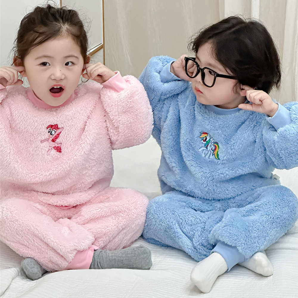 儿童法兰绒睡衣秋冬男童圆领套头珊瑚绒套装女宝宝恒温保暖家居服 - 图0
