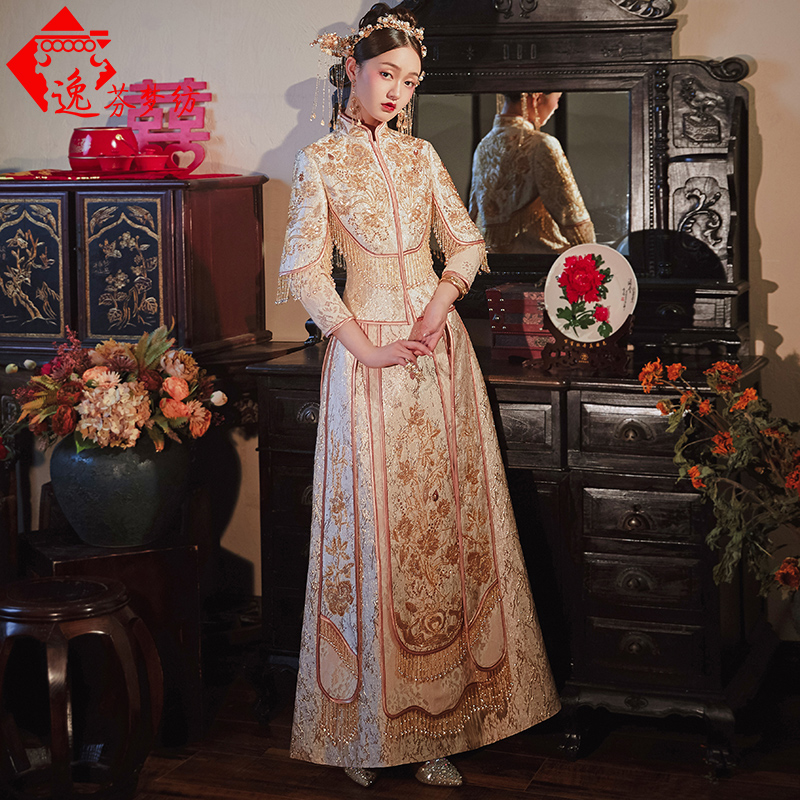 逸芬梦纺旗舰店秀禾服新款香槟金色夏季中国风龙凤褂新娘结婚礼服女婚纱中式1
