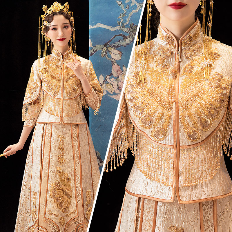 逸芬梦纺旗舰店秀禾服新娘新款春夏金色凤冠霞帔结婚旗袍敬酒服中式婚纱礼服3