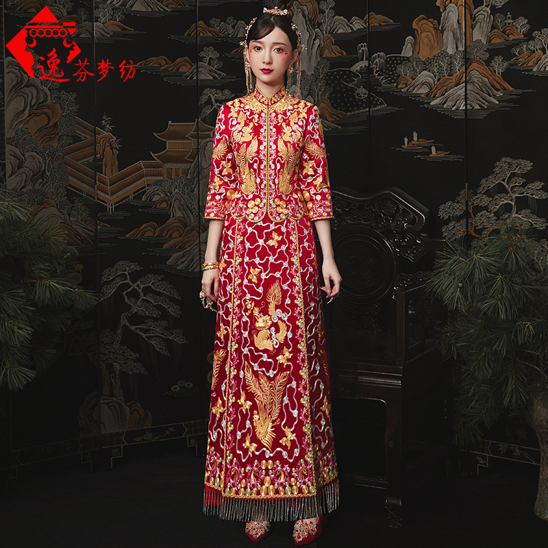 逸芬梦纺旗舰店秀禾服新款秋盘金大五福龙凤褂新娘结婚礼服中式婚纱凤冠霞帔0