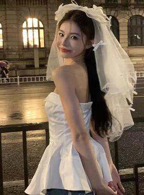 万圣节之逃鬼新娘头纱 白黑色蝴蝶结网纱头饰发箍领证婚纱cos装扮
