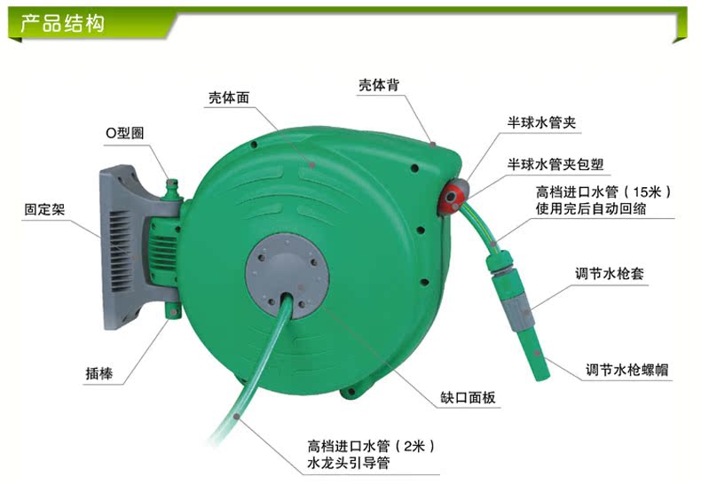 15米自动伸缩回收卷管器 洗车水管车收纳架绕管园艺用品浇花喷头 - 图1