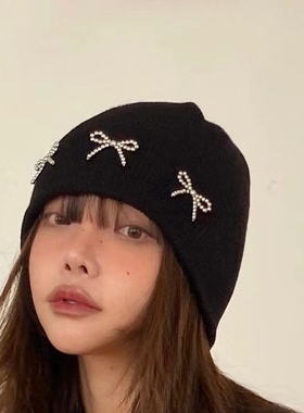 韩国ins博主泫雅同款蝴蝶结针织毛线帽子女秋冬韩版时尚保暖冷帽