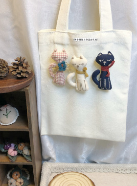 满18元包邮 手工制作棉麻布艺日系胸针小猫别针胸针服饰包包配件