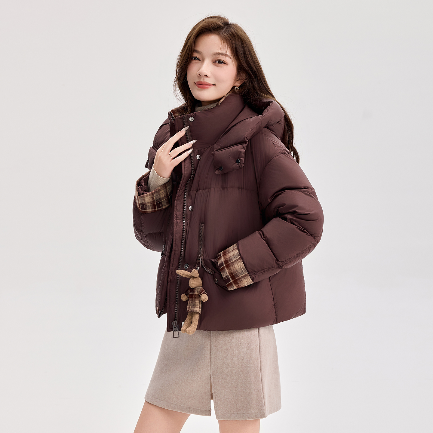 连帽格子拼接短款羽绒服女冬季2025新款小个子加厚保暖面包服外套 - 图1