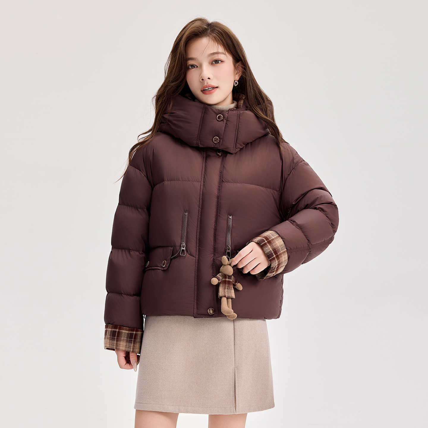 连帽格子拼接短款羽绒服女冬季2025新款小个子加厚保暖面包服外套 - 图2