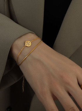 中国风bracelet网红潮款圆牌喜字双层蛇链手链钛钢18k金手饰手链