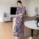Summer loose cotton silk dress women's new young mother retro style stand-up collar short-sleeved slim mid-length skirt