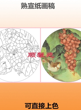 N134花鸟圆形扇面熟宣工笔画白描底稿葡萄芙蓉鸳鸯芭蕉仙客来百合