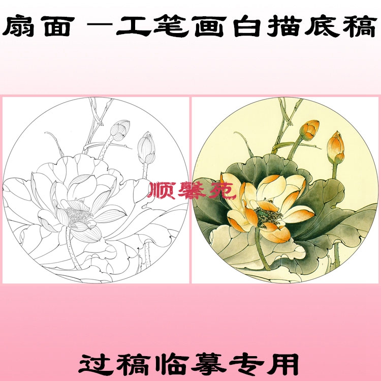 N271团扇花鸟圆形扇面工笔画白描底稿线描国画稿牡丹荷花过稿临摹 - 图0