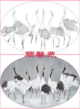NH5花鸟工笔画熟宣纸白描底稿可直接上色鸭子鹦鹉白鹭仙鹤扇面