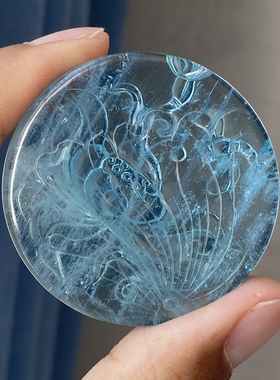 保真天然海蓝宝蜻蜓荷花吊坠全透蓝色圆形挂牌项链毛衣链女士水晶