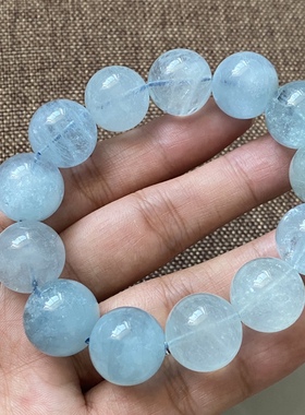 新款17mm大颗粒天然海蓝宝手链男士霸气水晶手串冰种蓝色佛珠保真