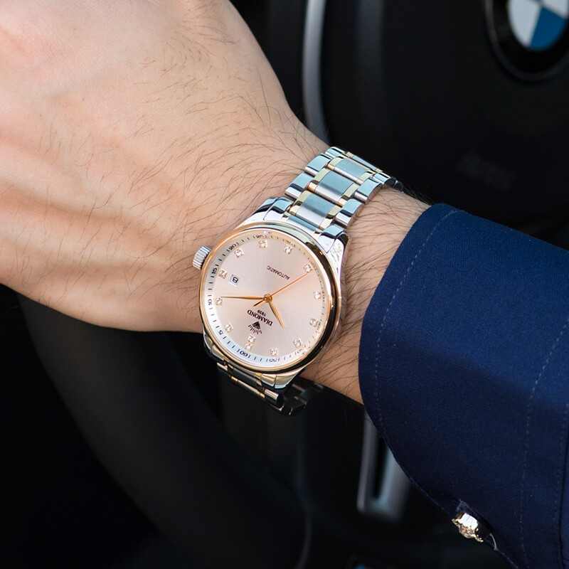 上海钻石牌男自动商务钢带机械表 好星晴手表国产腕表