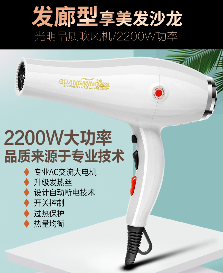 光明电吹风RCT9928大功率2200W冷热风家用发廊大风力速干吹风机 - 图1