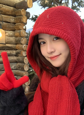 升级红色巴拉克拉法帽女连帽围脖秋冬季披肩针织毛线帽子围巾一体
