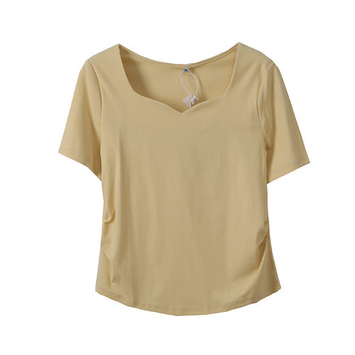 小波家2026夏季胖mm正肩短袖T恤纯色褶皱收腰上衣 - 图3