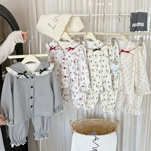 加绒保暖 女童新款秋冬加绒睡衣套装中小童保暖居家服韩系蝴蝶结 - 图2