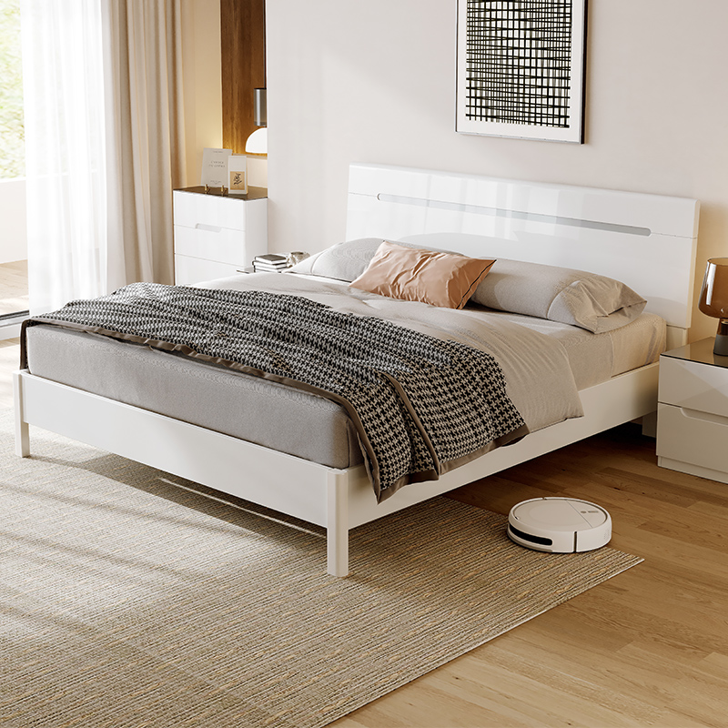 双虎现代简约双人床主卧白色齐边家用1.5米高箱储物床小户型16H1