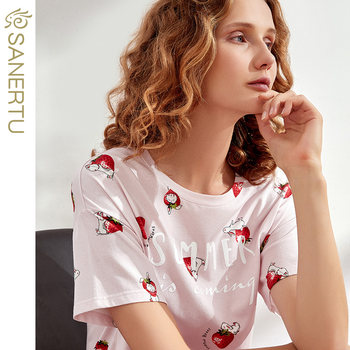 Three-eared Rabbit New Nightgown Women's Summer Short-Sleeved Stretch Cotton Pajamas Cute Sweet Strawberry Short Skirt Dress Home Clothing