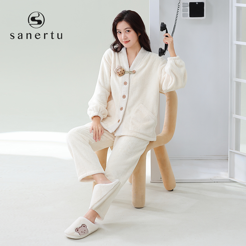 三耳兔麦穗绒睡衣女秋冬季加绒加厚长袖家居服珊瑚绒保暖套装新款