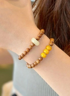 印度老山檀香两圈手串搭配蜜蜡老型珠和田玉跑环原创手链文玩念珠