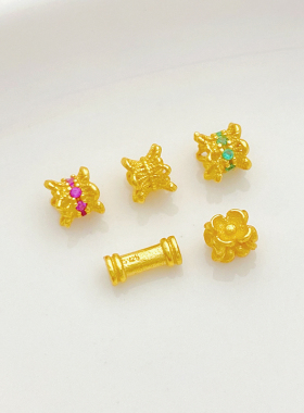 S925古法银镀金四面桃花隔珠手工