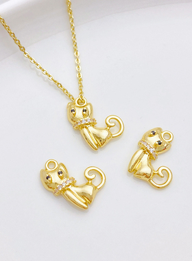 14K包金黑钻可爱小猫吊坠diy配件