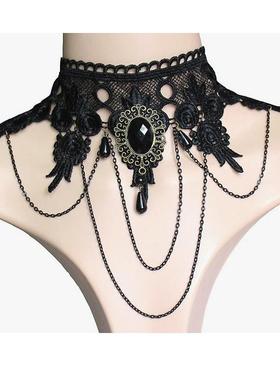 欧美朋克宽颈饰黑色蕾丝项链 宴会礼服夸张流苏吊坠锁骨链女