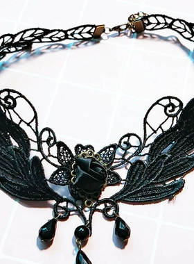 黑色玫瑰花蕾丝项链项链女蕾丝项链短款颈链蕾丝颈链锁骨链