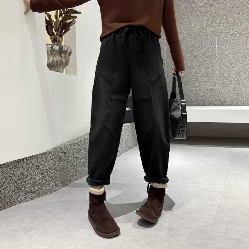 加肥紧腰压线哈伦牛仔加绒裤子2025秋冬款欧货洋气大码女装休闲裤,淘宝优惠券,粉丝福利购,淘宝优惠卷