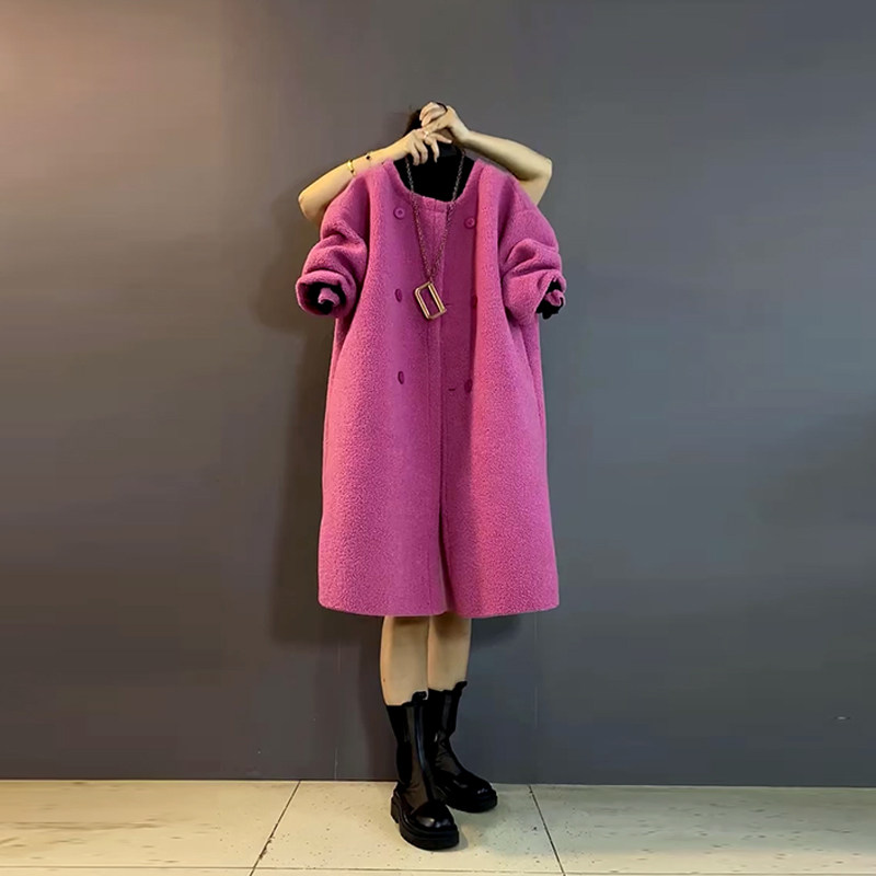 胖MM加肥减龄圆领长款开衫羊羔毛外套大码女装冬季款甜美粉色大衣,淘宝优惠券,粉丝福利购,淘宝优惠卷