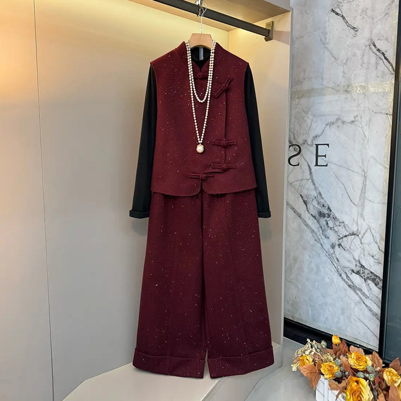 加肥立领盘扣马甲长袖打底衫阔腿裤子大码女装气质显瘦亮钻三件套,淘宝优惠券,粉丝福利购,淘宝优惠卷