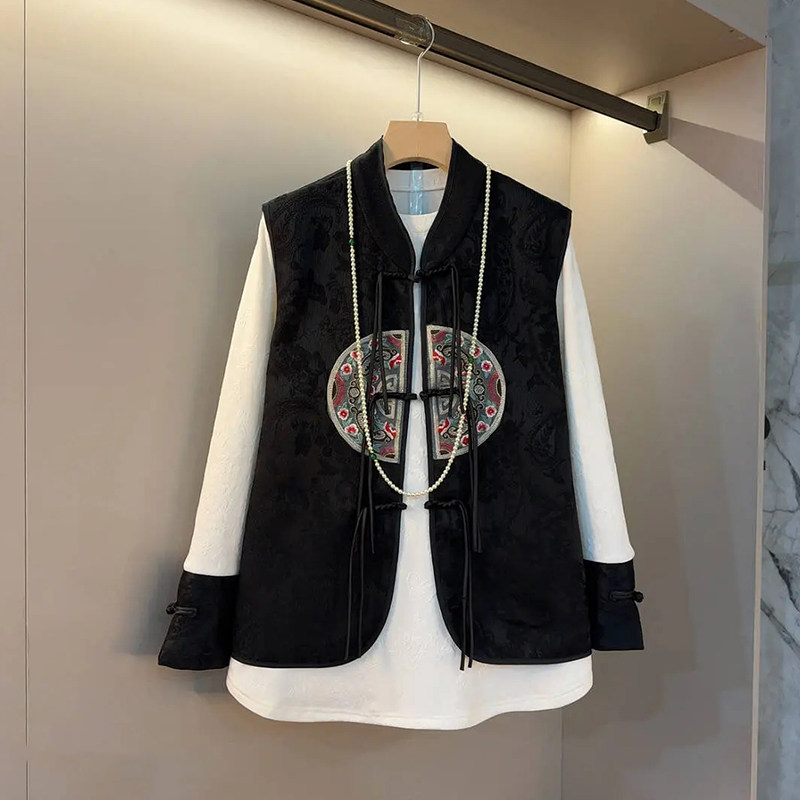 胖妹妹立领流苏盘扣国风马甲拼色袖口暗花小衫大码女装法式两件套,淘宝优惠券,粉丝福利购,淘宝优惠卷