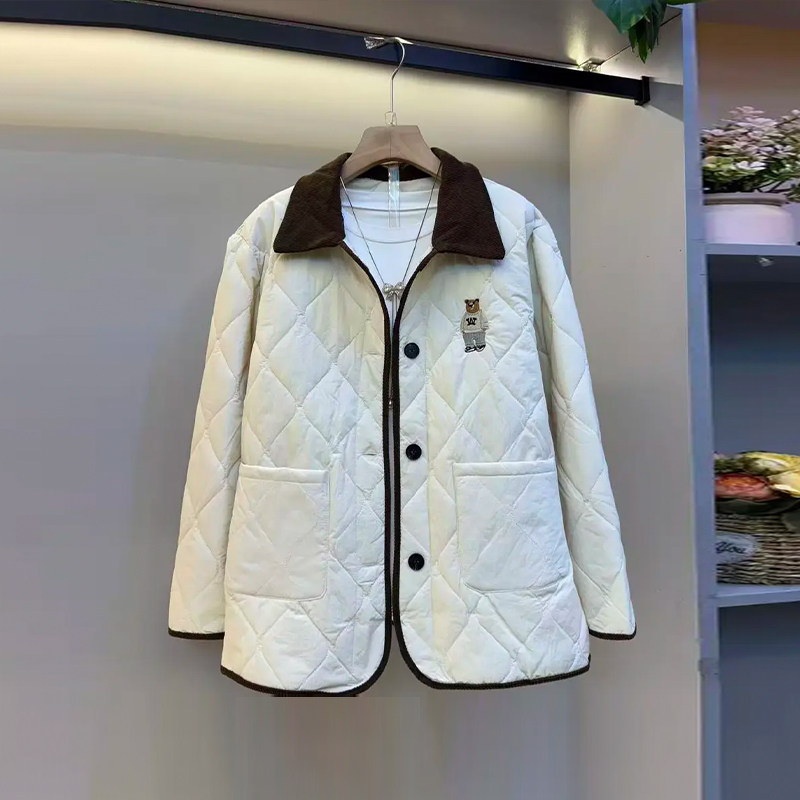 胖妹妹拼色翻领菱形格夹棉外套韩版大码女装纯色简约百搭轻薄棉服,淘宝优惠券,粉丝福利购,淘宝优惠卷