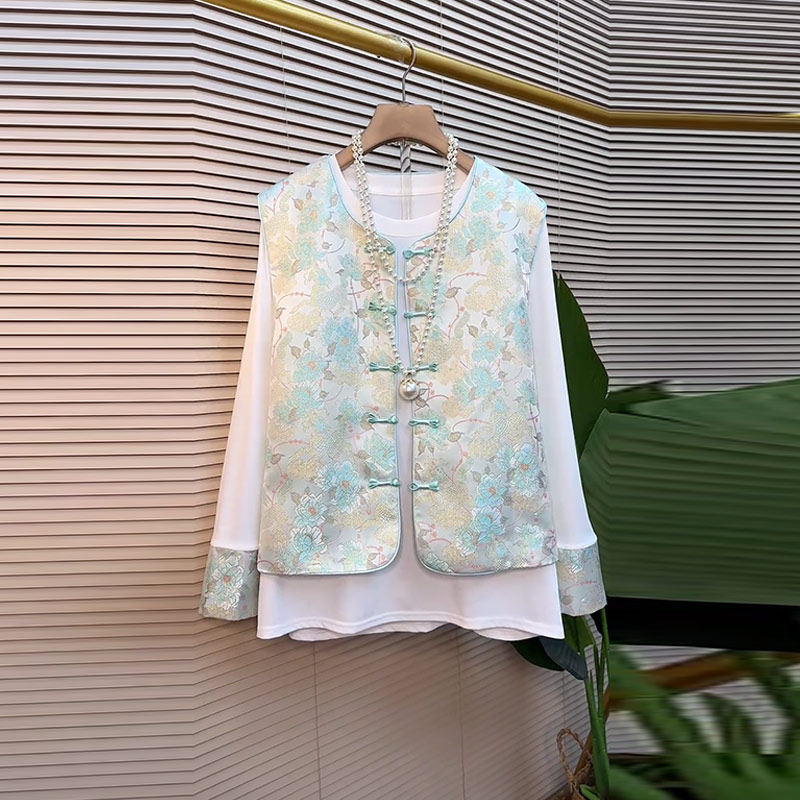 大码女装盘扣花朵国风马甲拼色袖口打底衫胖妹妹新中式洋气两件套,淘宝优惠券,粉丝福利购,淘宝优惠卷