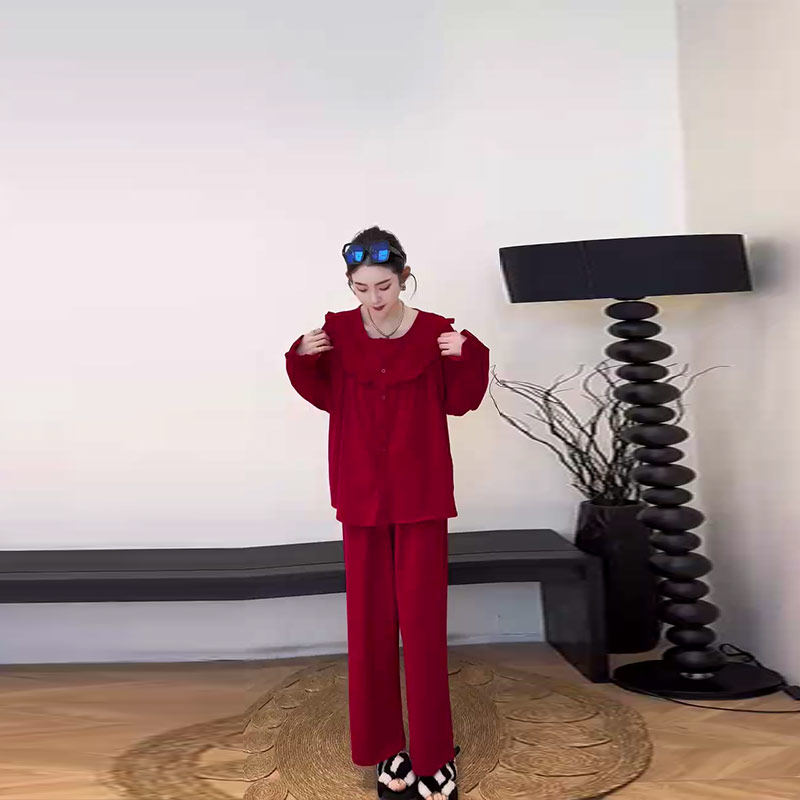 大码女装圆领荷叶肩长袖上衣阔腿长裤家居胖妹妹新年款红色两件套,淘宝优惠券,粉丝福利购,淘宝优惠卷