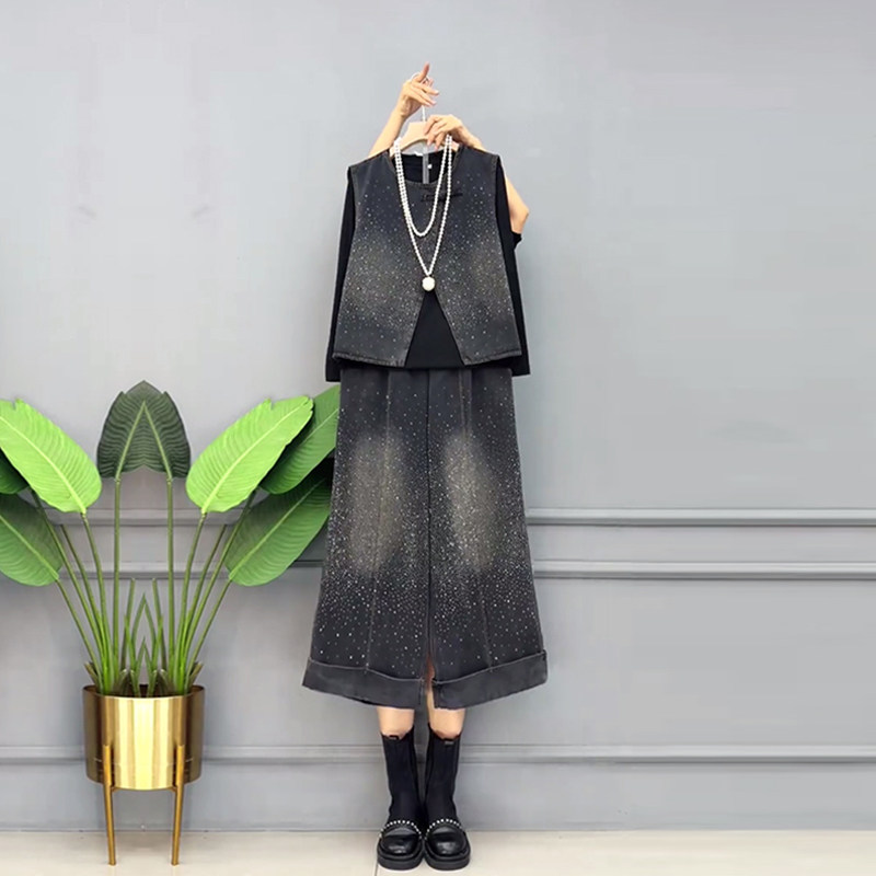 加大码女装圆领盘扣马甲阔腿长裤牛仔两件套胖妹妹圆领长袖打底衫,淘宝优惠券,粉丝福利购,淘宝优惠卷