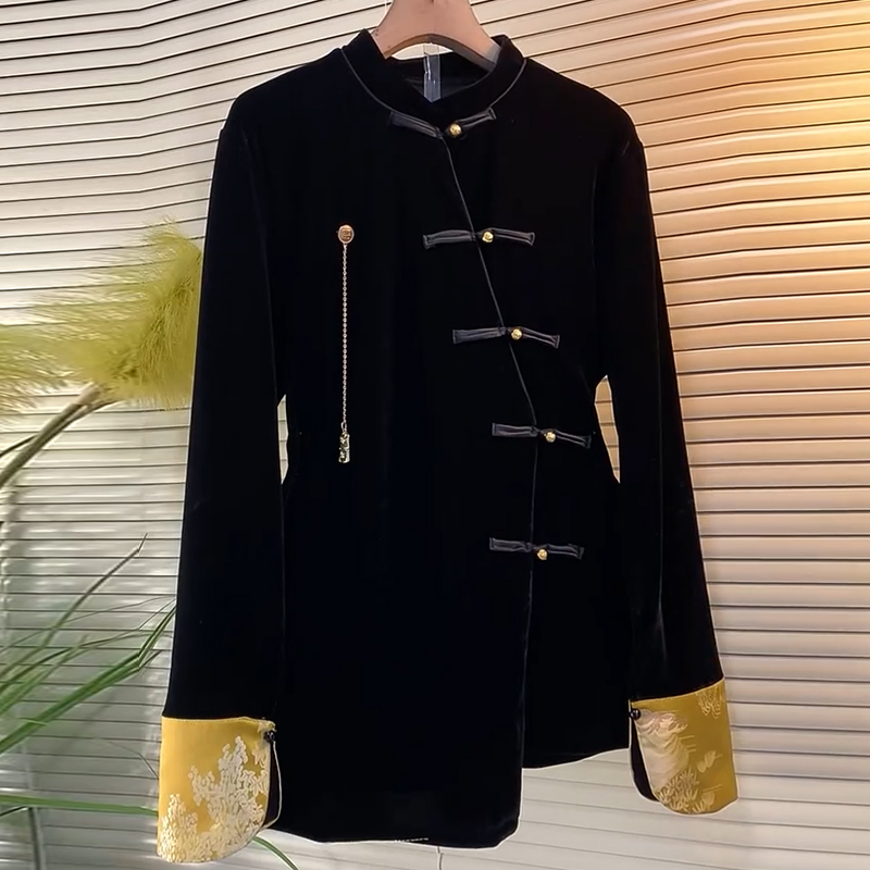 加肥大码女装立领盘扣拼接袖口小衫胖妹妹黑色显瘦气质复古风上衣,淘宝优惠券,粉丝福利购,淘宝优惠卷