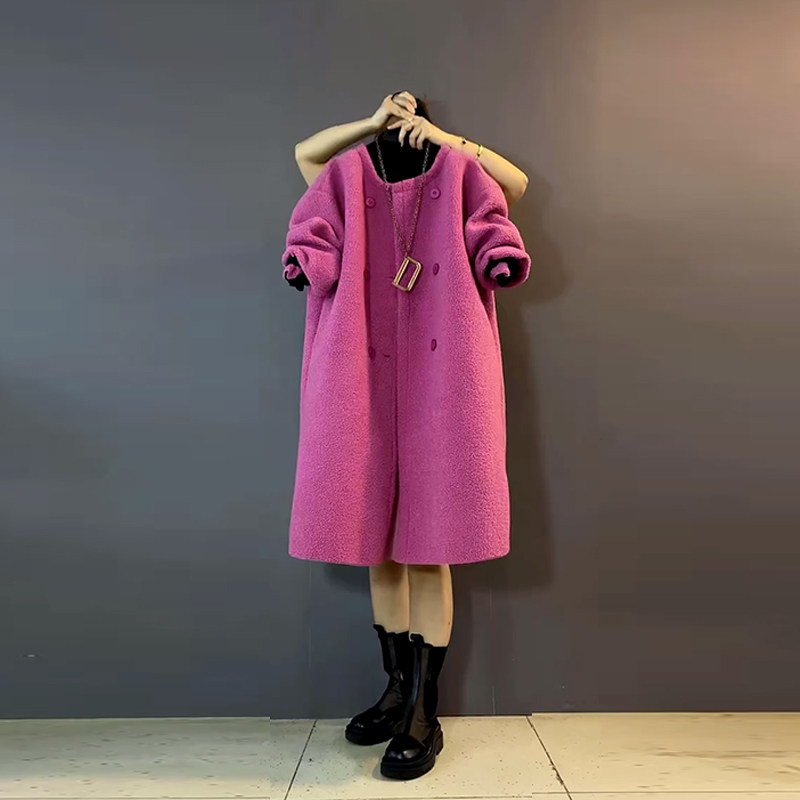 胖MM加肥减龄圆领长款开衫羊羔毛外套大码女装冬季款甜美粉色大衣,淘宝优惠券,粉丝福利购,淘宝优惠卷