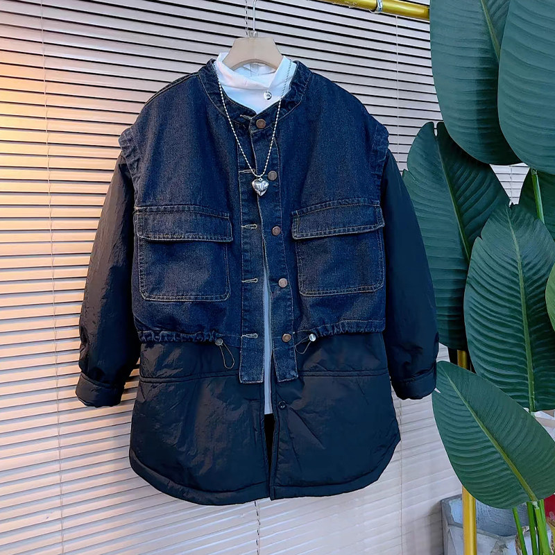 加肥大码女装拼接牛仔马甲假两件棉服外套胖妹妹冬季款休闲上衣潮,淘宝优惠券,粉丝福利购,淘宝优惠卷