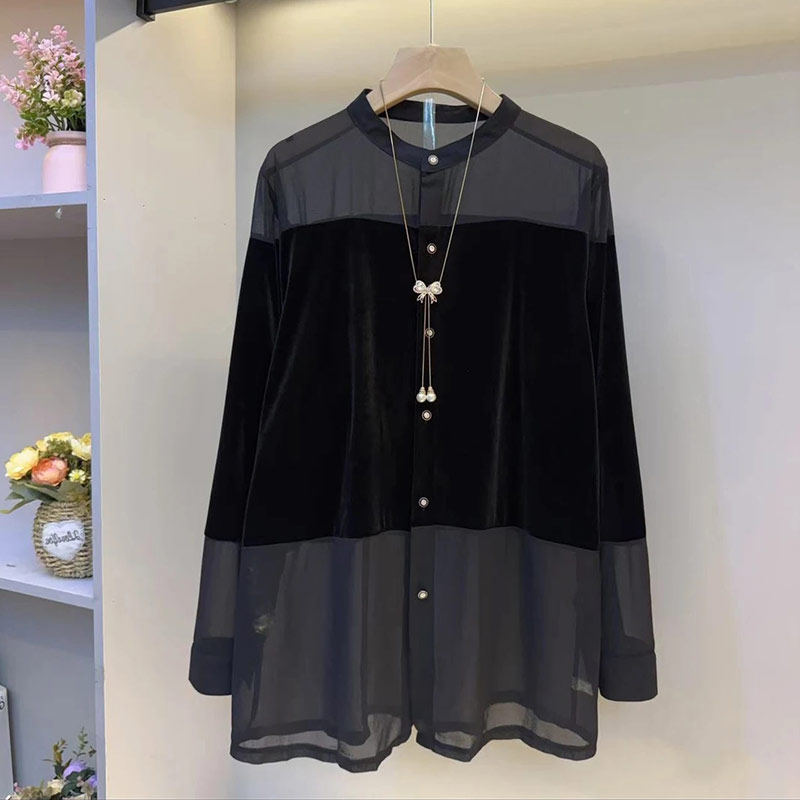 加大码女装长袖拼接网纱小衫胖妹妹法式设计感秋季款黑色百搭上衣,淘宝优惠券,粉丝福利购,淘宝优惠卷