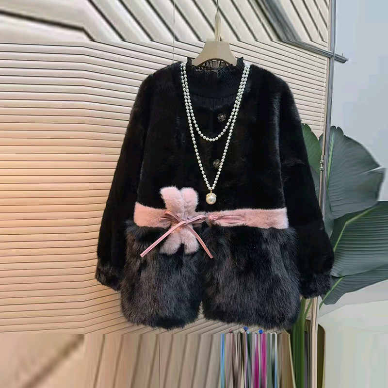 胖MM加肥圆领长袖拼色底摆开衫毛毛外套大码女装欧货小众设计上衣,淘宝优惠券,粉丝福利购,淘宝优惠卷