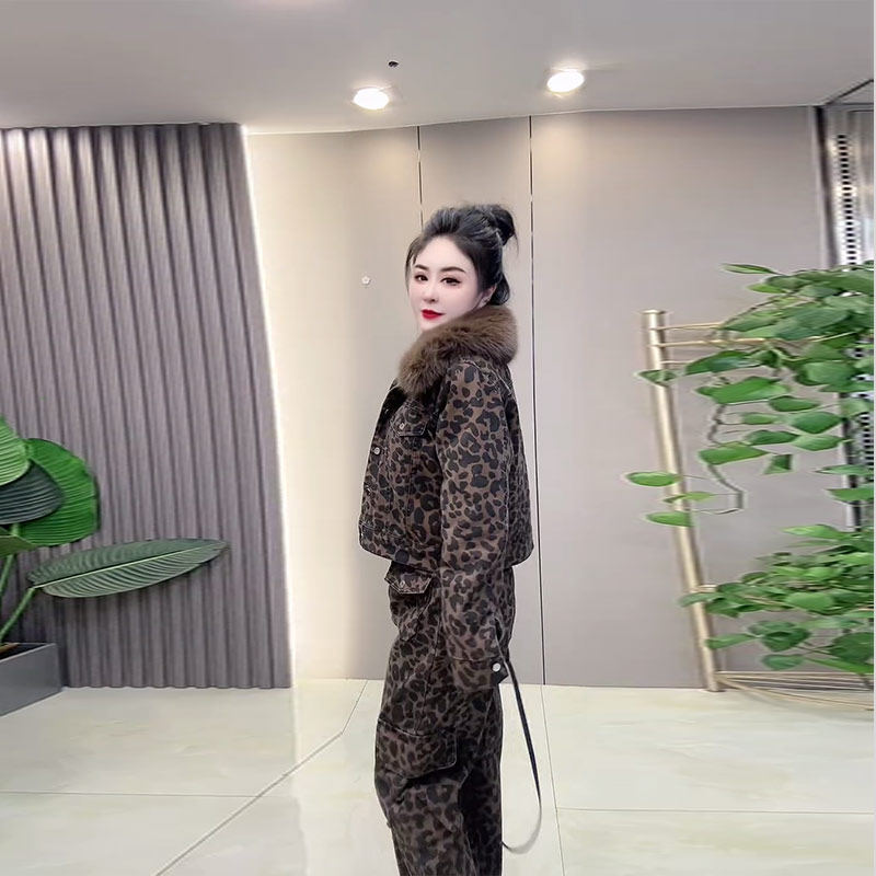 胖妹妹欧洲站毛毛翻领长袖外套阔腿长裤大码女装加厚豹纹两件套潮,淘宝优惠券,粉丝福利购,淘宝优惠卷