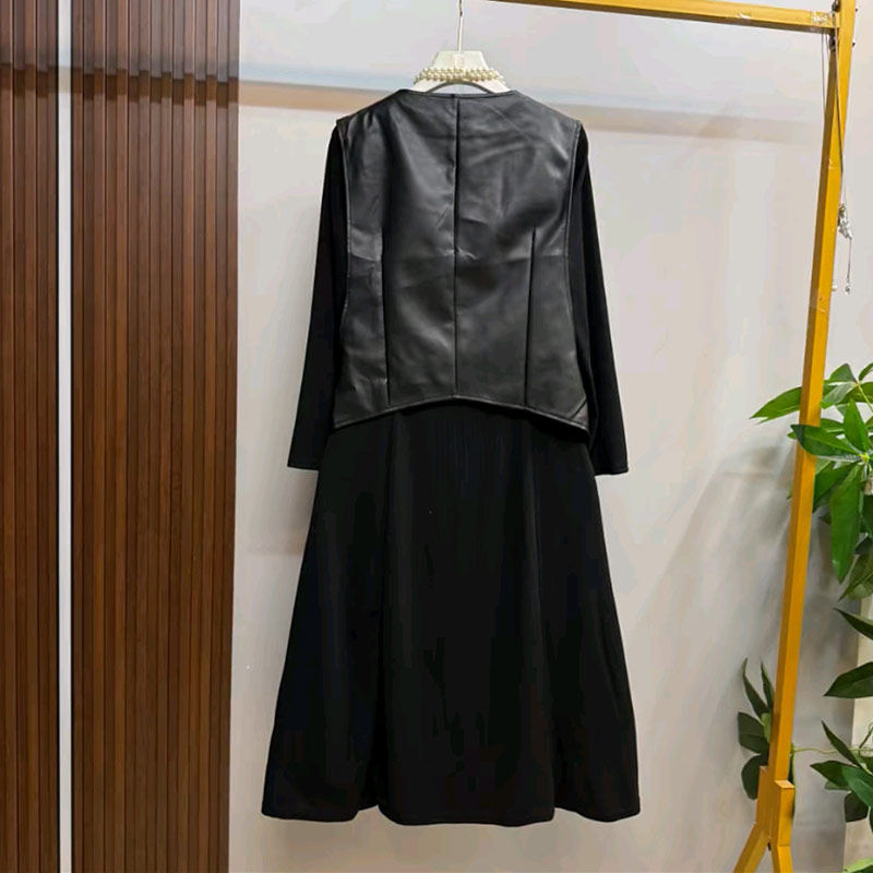 大码女装圆领皮马甲长袖连衣裙胖妹妹复古街头时尚休闲遮肉两件套,淘宝优惠券,粉丝福利购,淘宝优惠卷