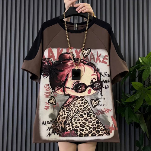 胖妹妹圆领短袖卡通图案T恤衫大码女装韩版秋冬款学院风百搭上衣 - 图1